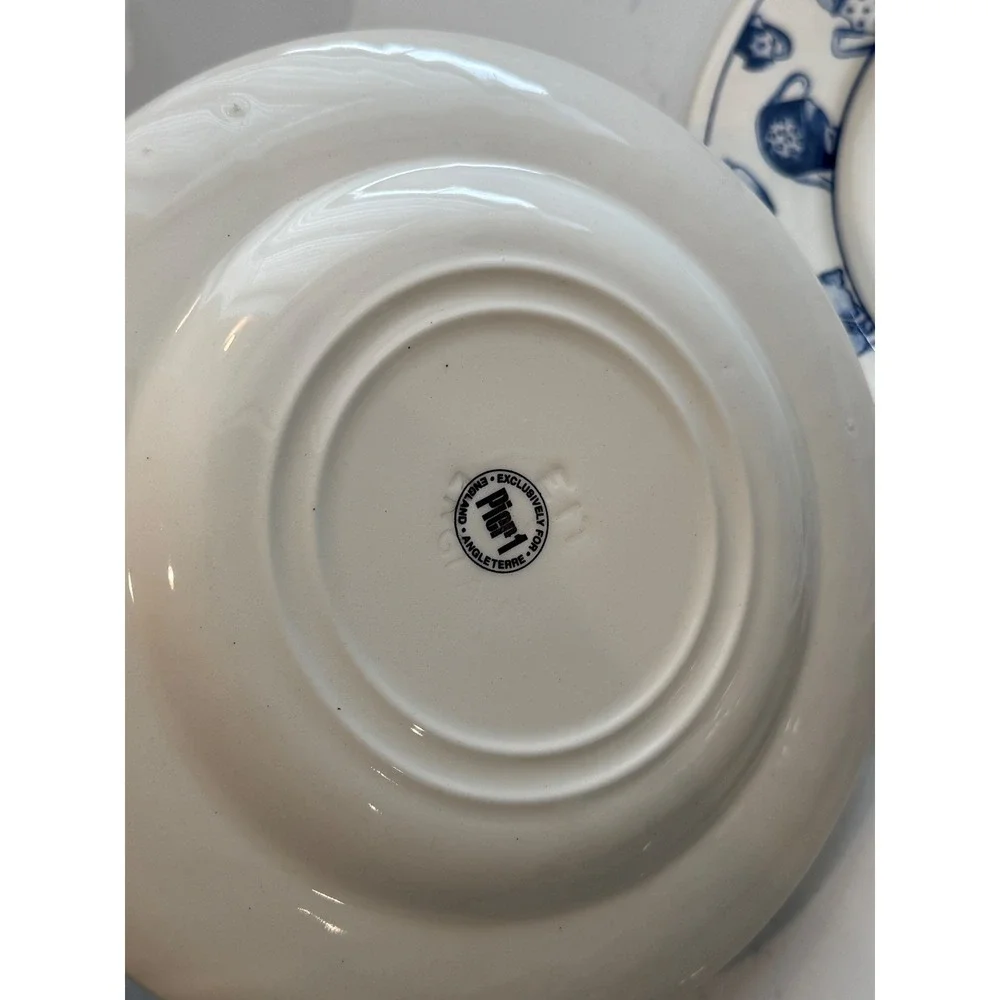 Pier 1 Imports Teapot Blue White Dinner Salad Plate Set England Earthenware